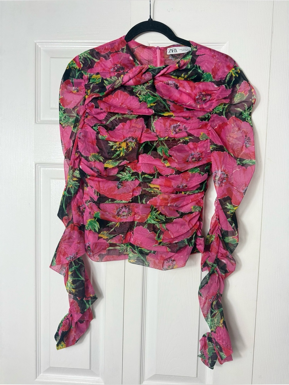 Zara Pink Black Floral Mesh Ruched Crop Top Sheer Thumbhole Blogger Size XL - Picture 7 of 9
